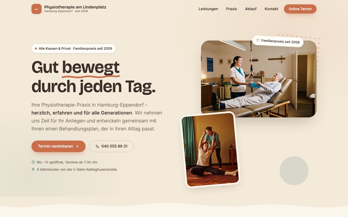 Startseite der Konzeptstudie Physio am Lindenplatz